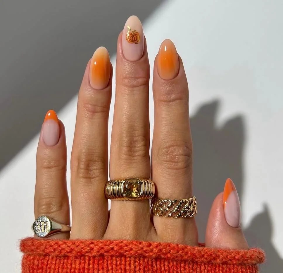 Orange ombre almond nails