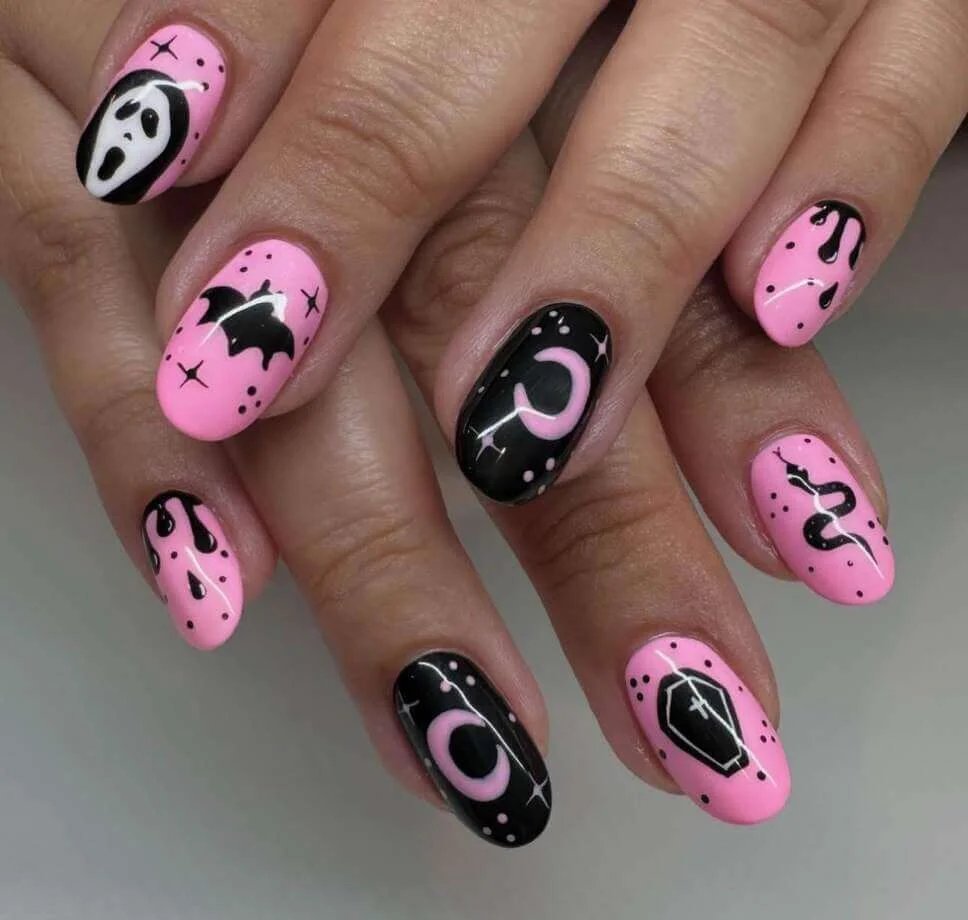 Pink black witch nails