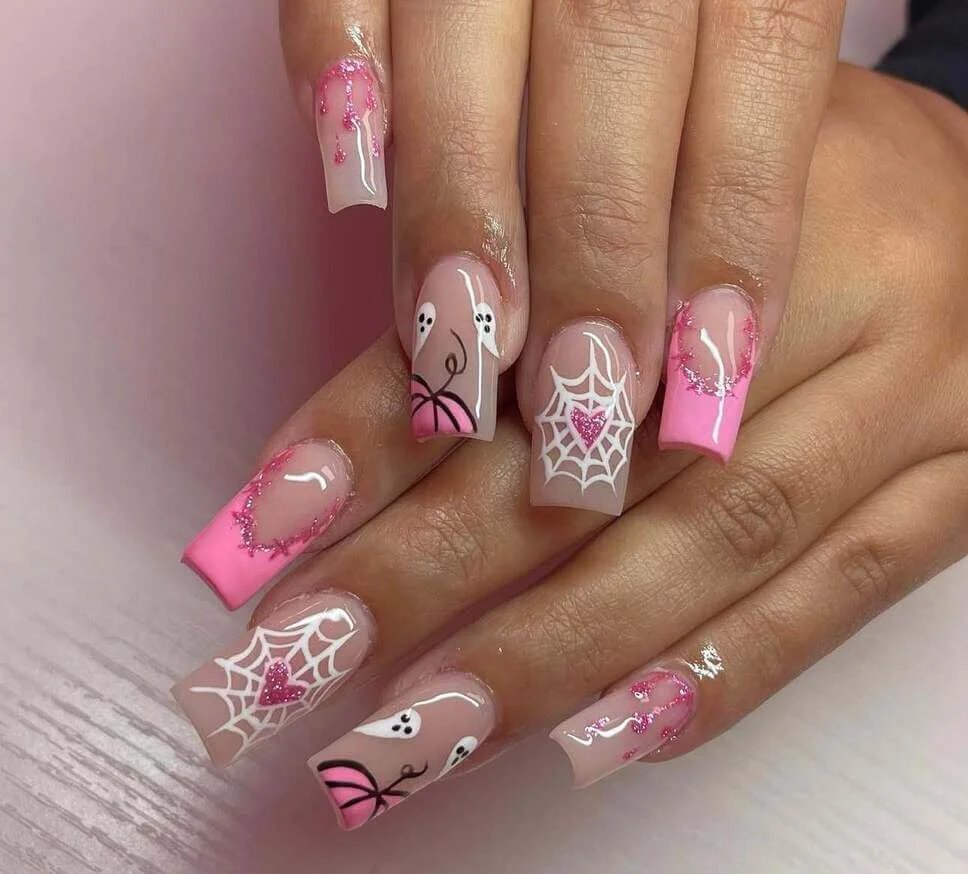 Pink Glitter Halloween Nails