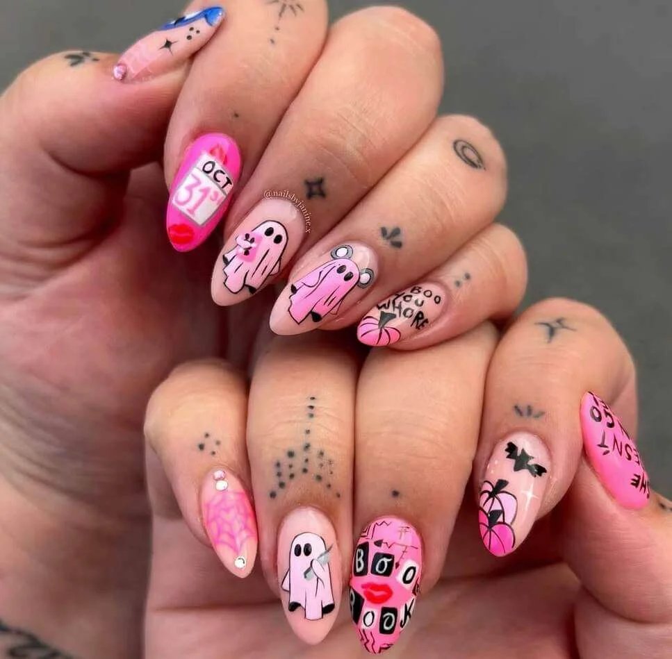 Pink Halloween nails with Mean Girls theme