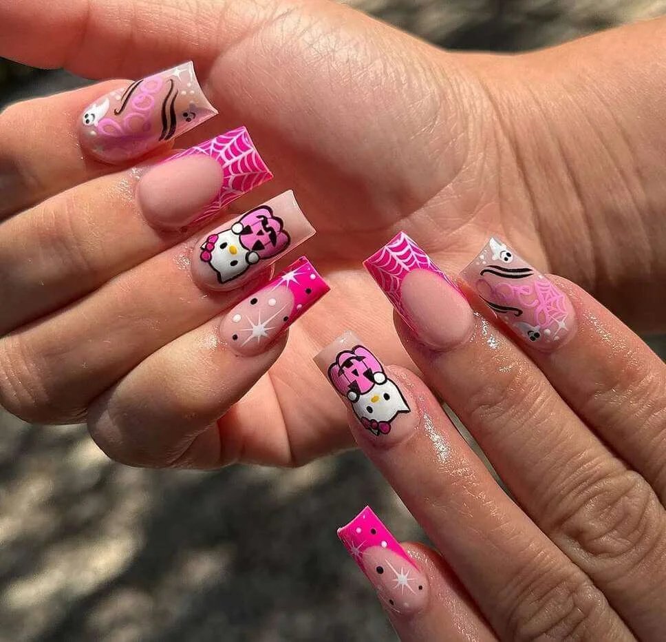 Pink Hello Kitty Halloween Nails