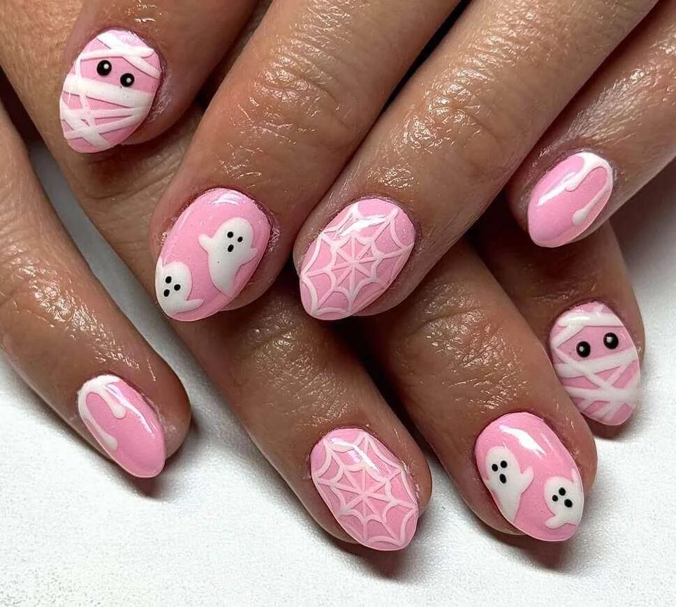 Pink mummy and ghost nails