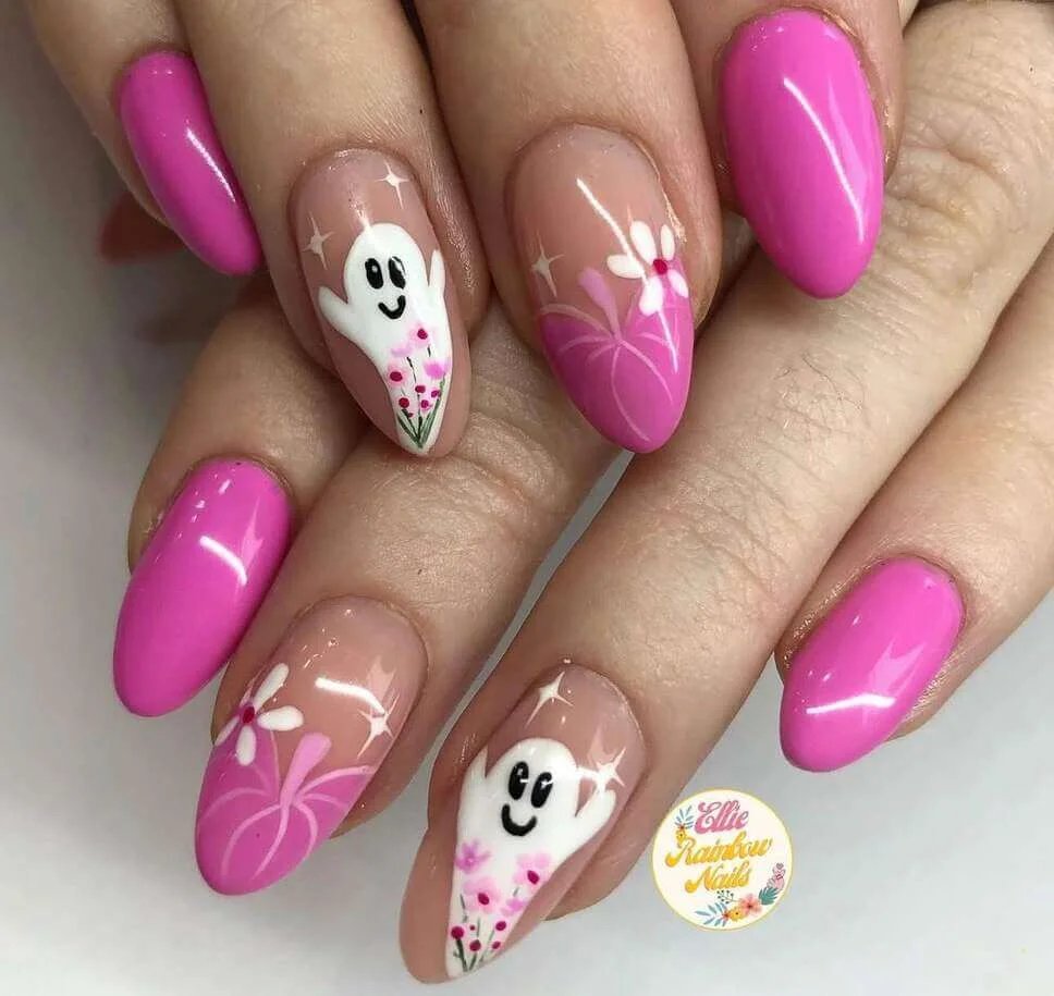 Pink nails with floral ghosts