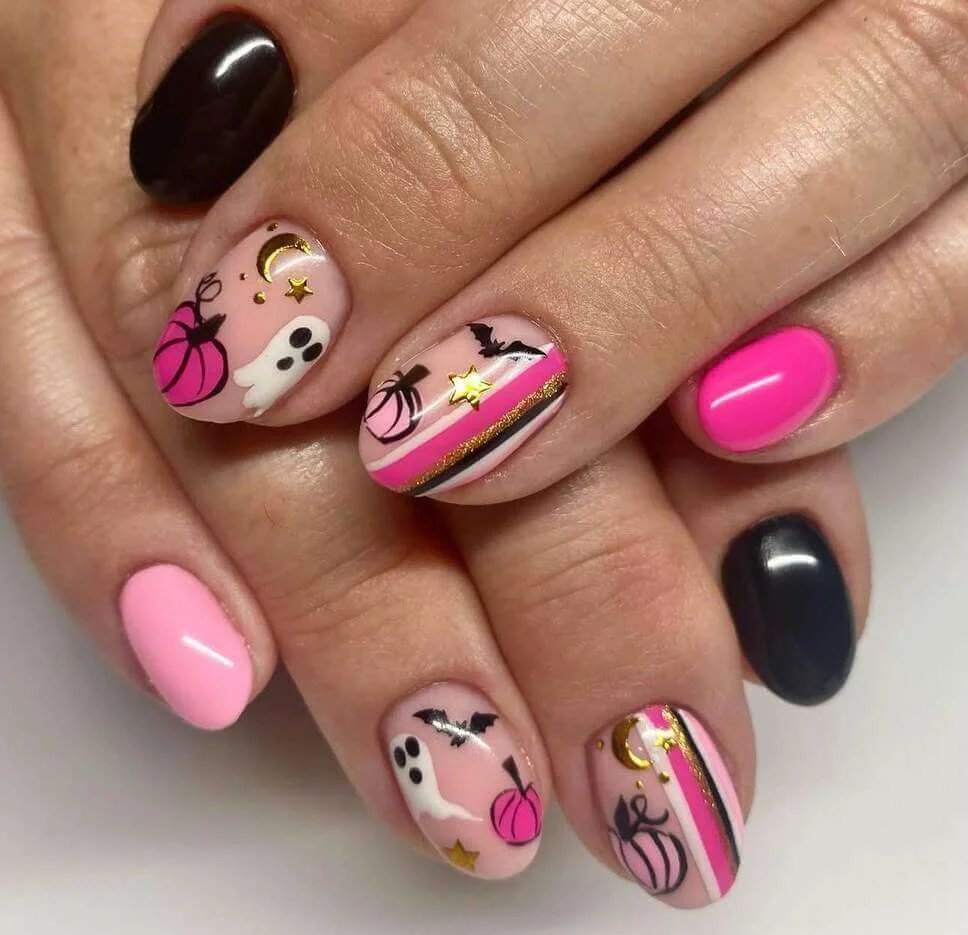 Pink nails with gold stars