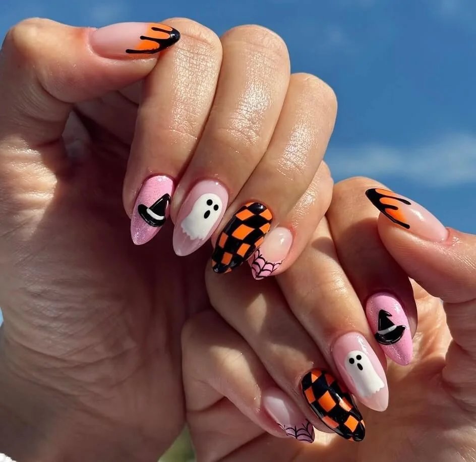 Pink orange Halloween nails