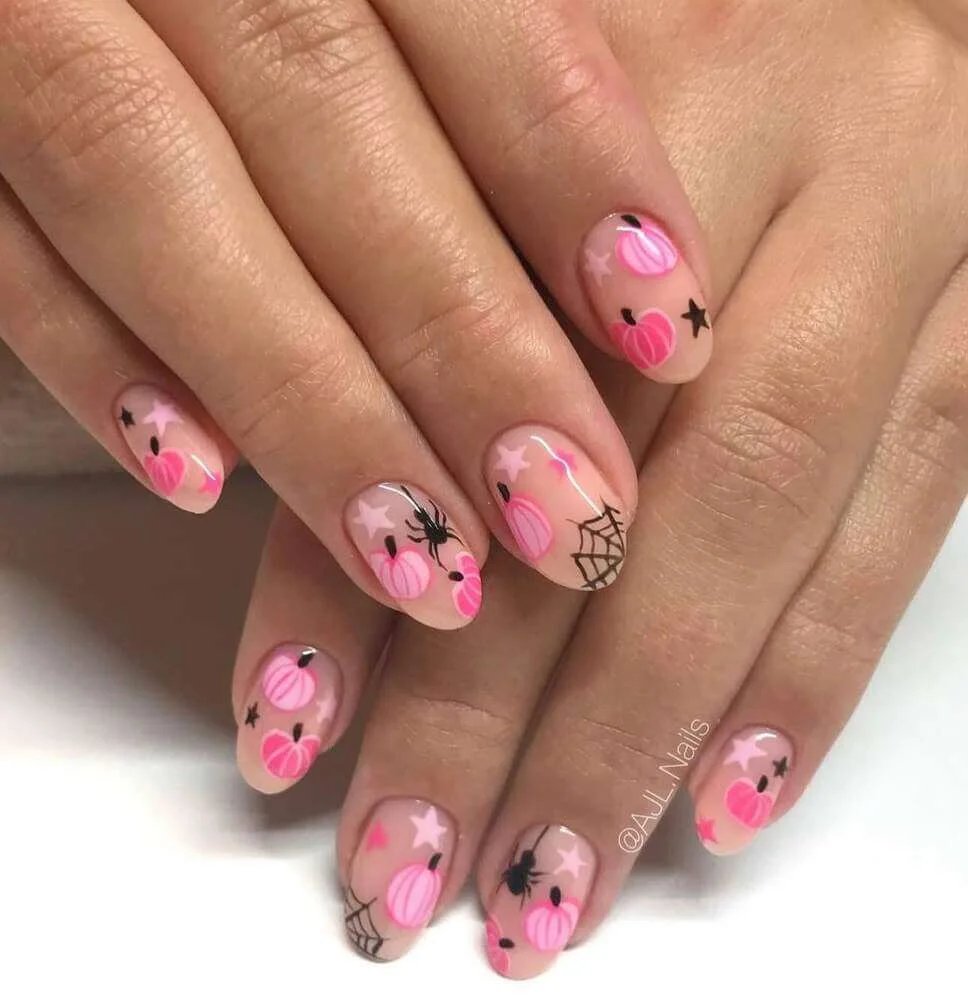 Pink pumpkins and spiders