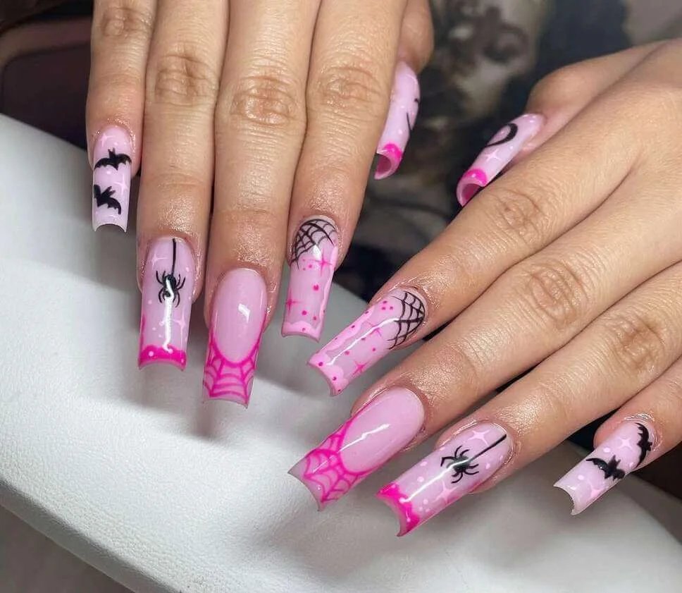 Pink spiderweb coffin nails