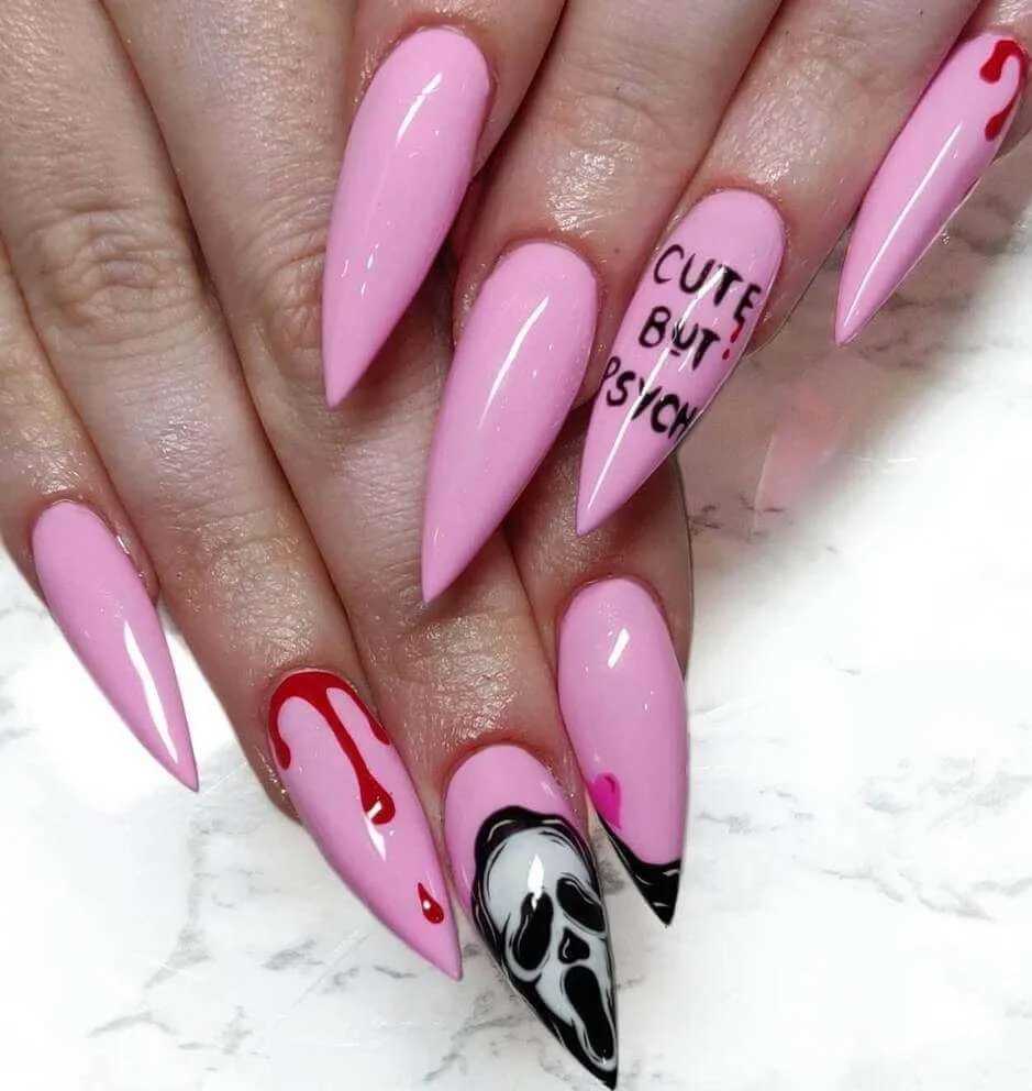Pink stiletto nails with Scream motif