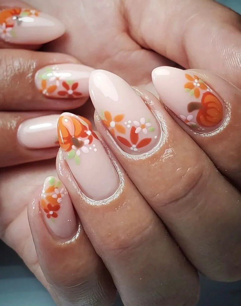 Pumpkin and floral pink nails
