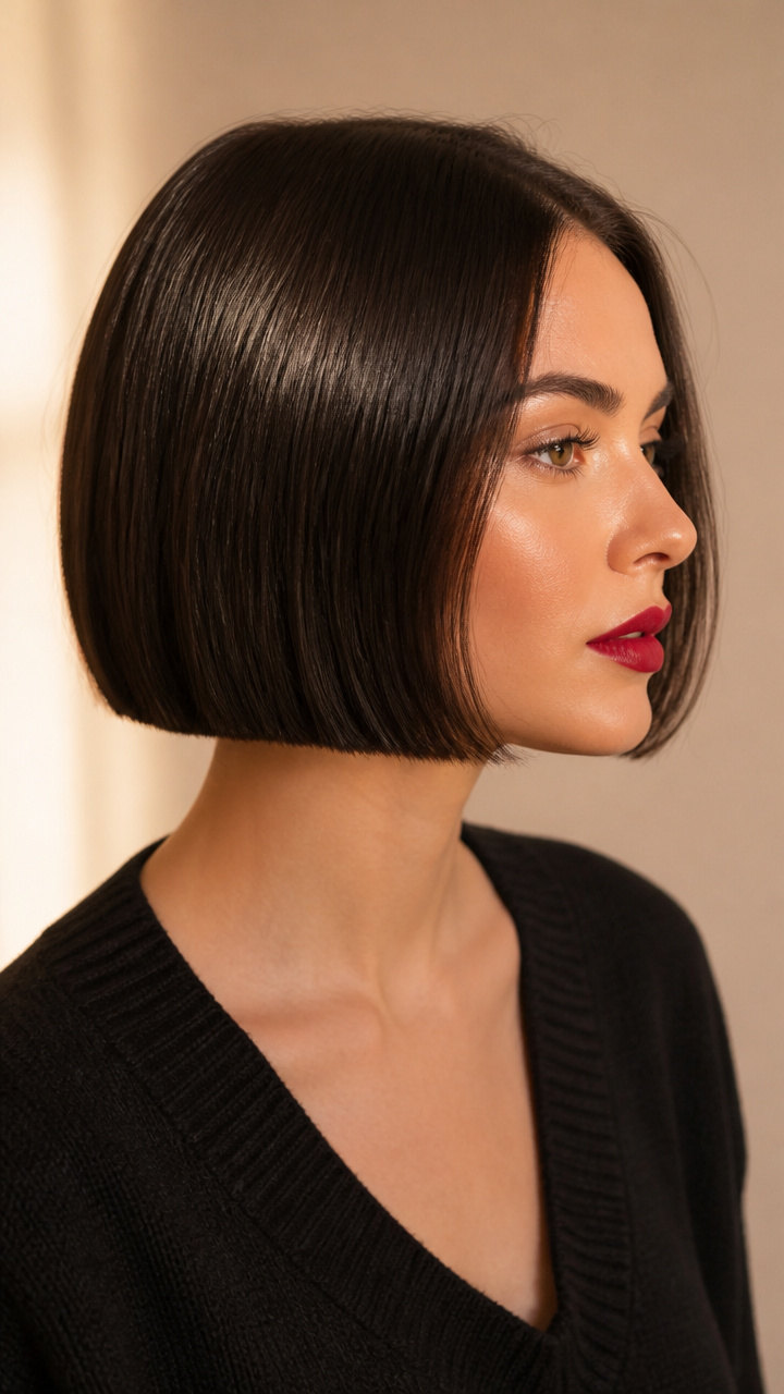 Sleek Bob with Red Lip Accent