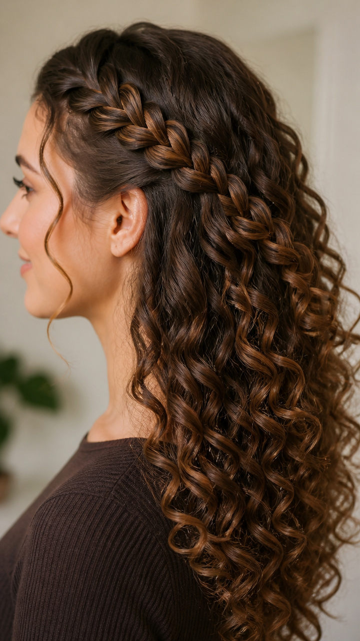 Soft Spiral Curls with Side Braid Accent
