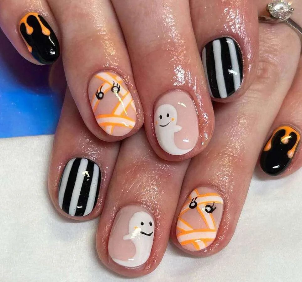 Striped nails with ghosts