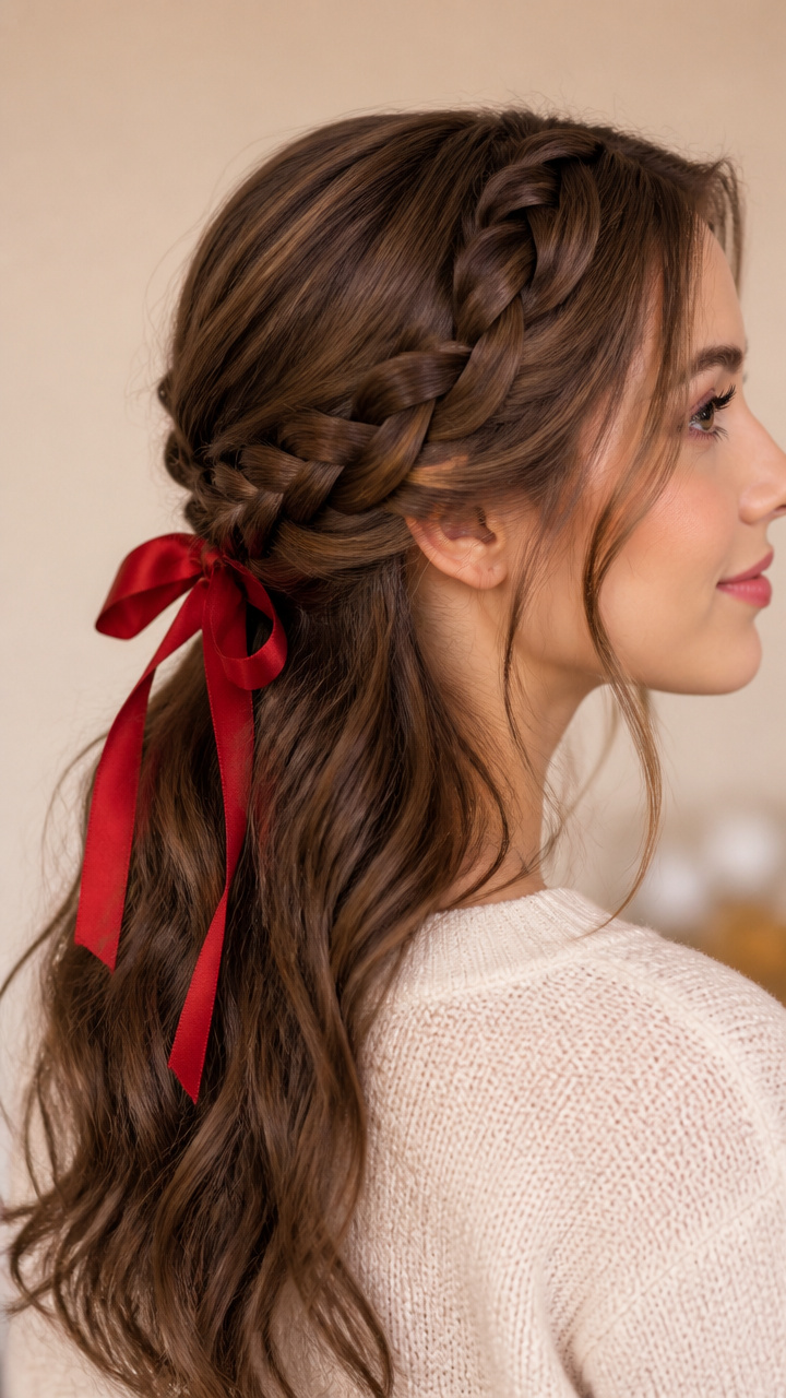 Side Braid Crown with Red Ribbon