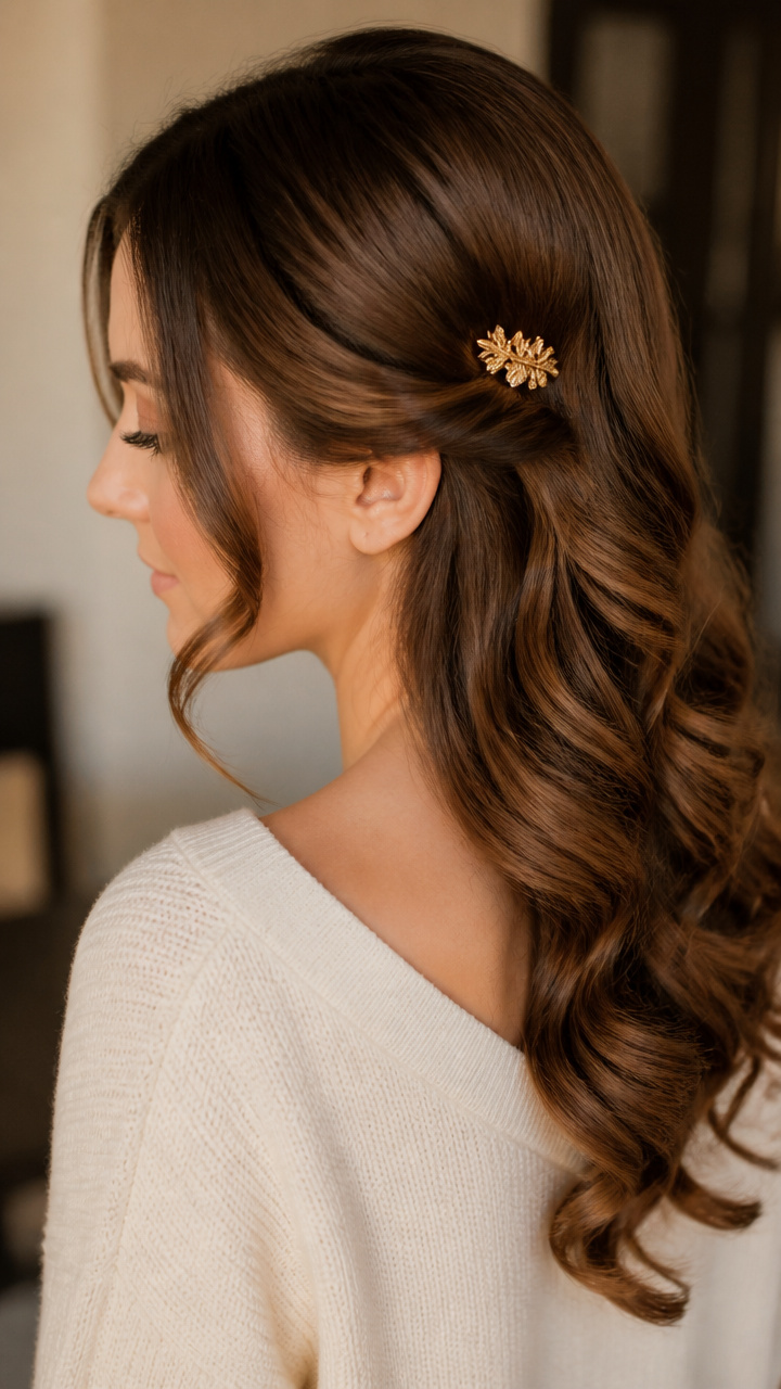 Side-Swept Curls with Gold Clip