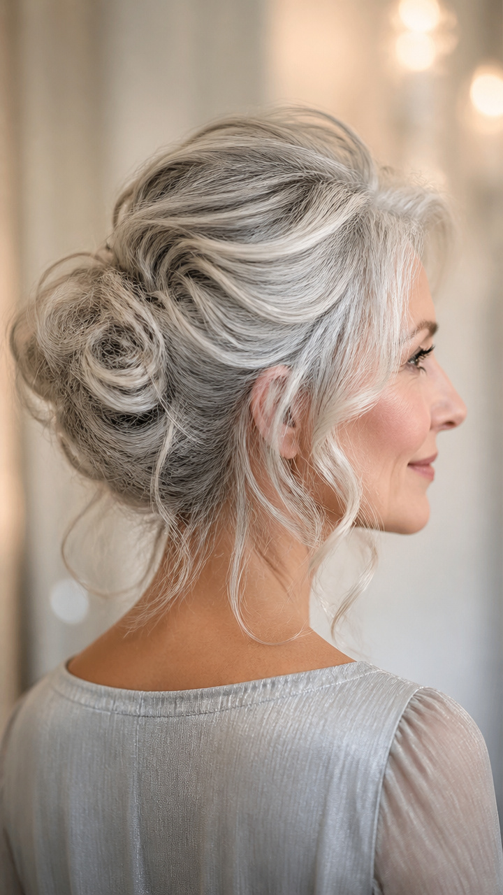 Soft Silver Updo with Tendrils