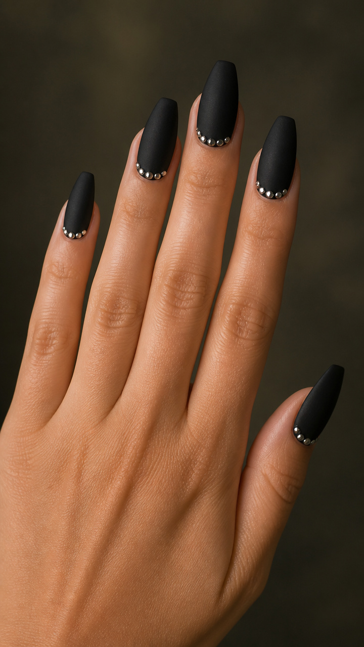 Black Velvet Coffin Nails with Silver Studs