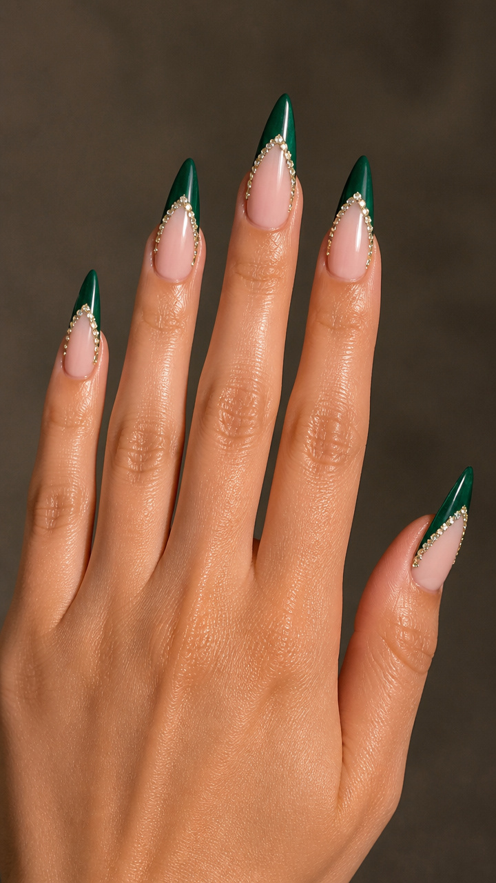 Emerald Green Stiletto French with Rhinestone Edge