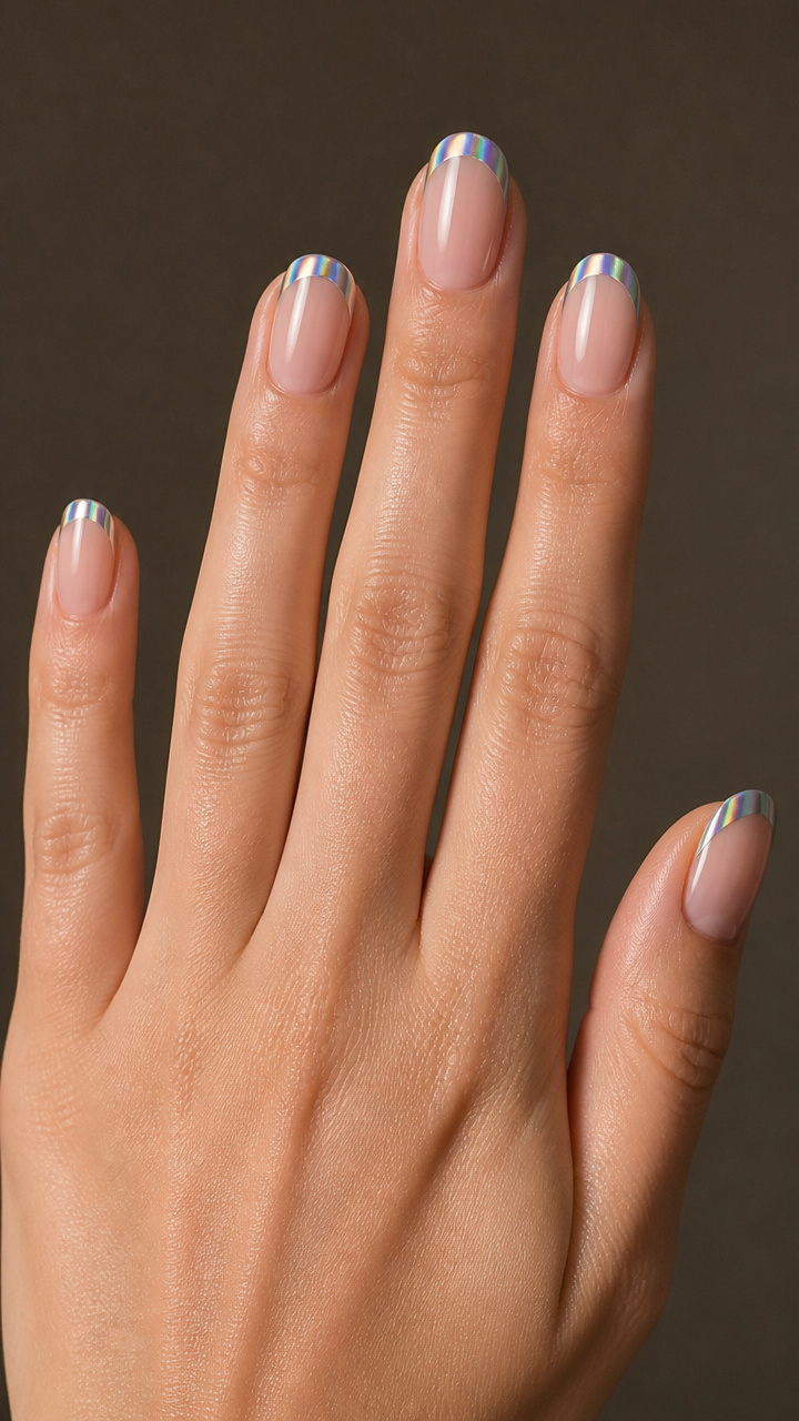 Silver Holographic Tips on Round Nails