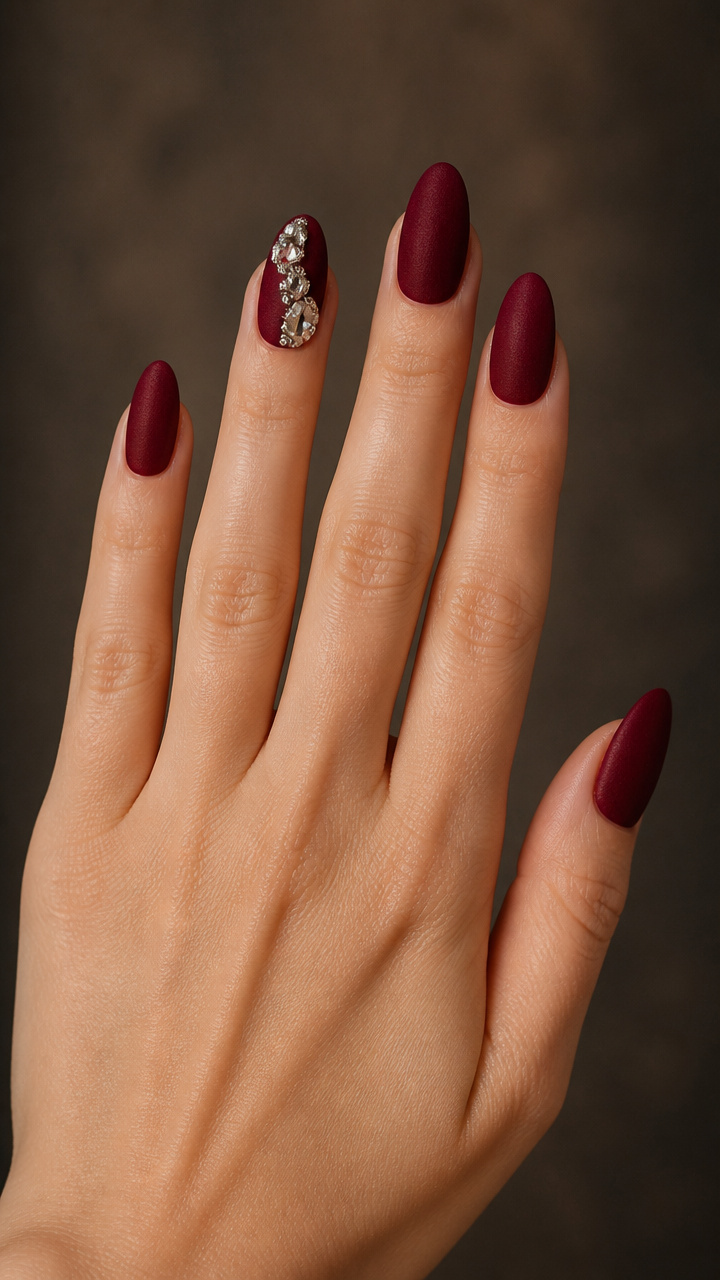 Velvet Matte Burgundy with Rhinestone Accent