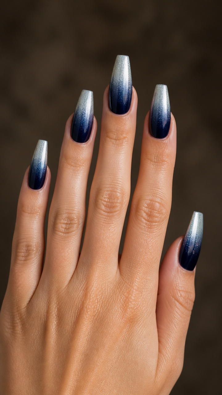 Midnight Blue Ombré with Silver Tips