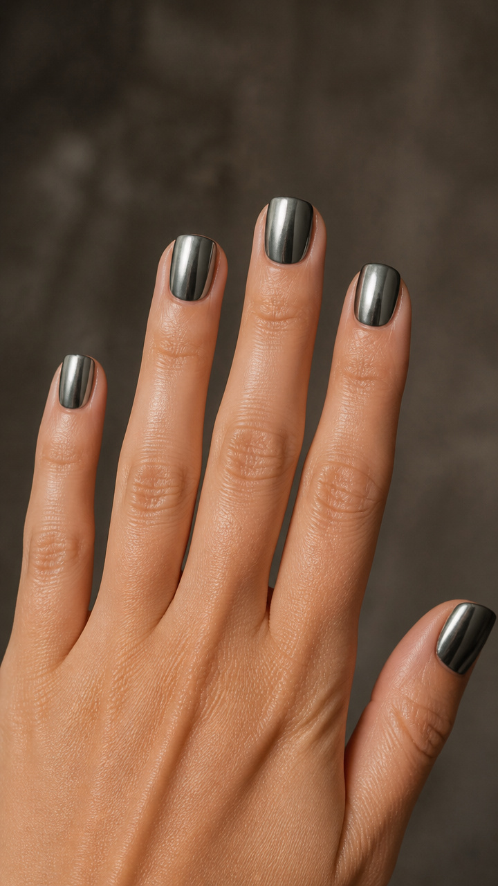 Gunmetal Chrome on Square Short Nails
