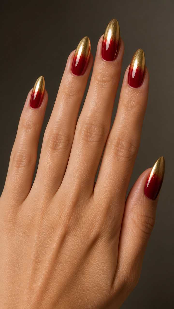 Gold-Dipped Almond Nails with Ruby Red Bases