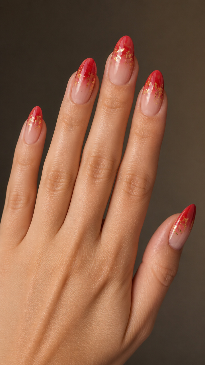 Red Ombré French Tips with Gold Foil Inlays