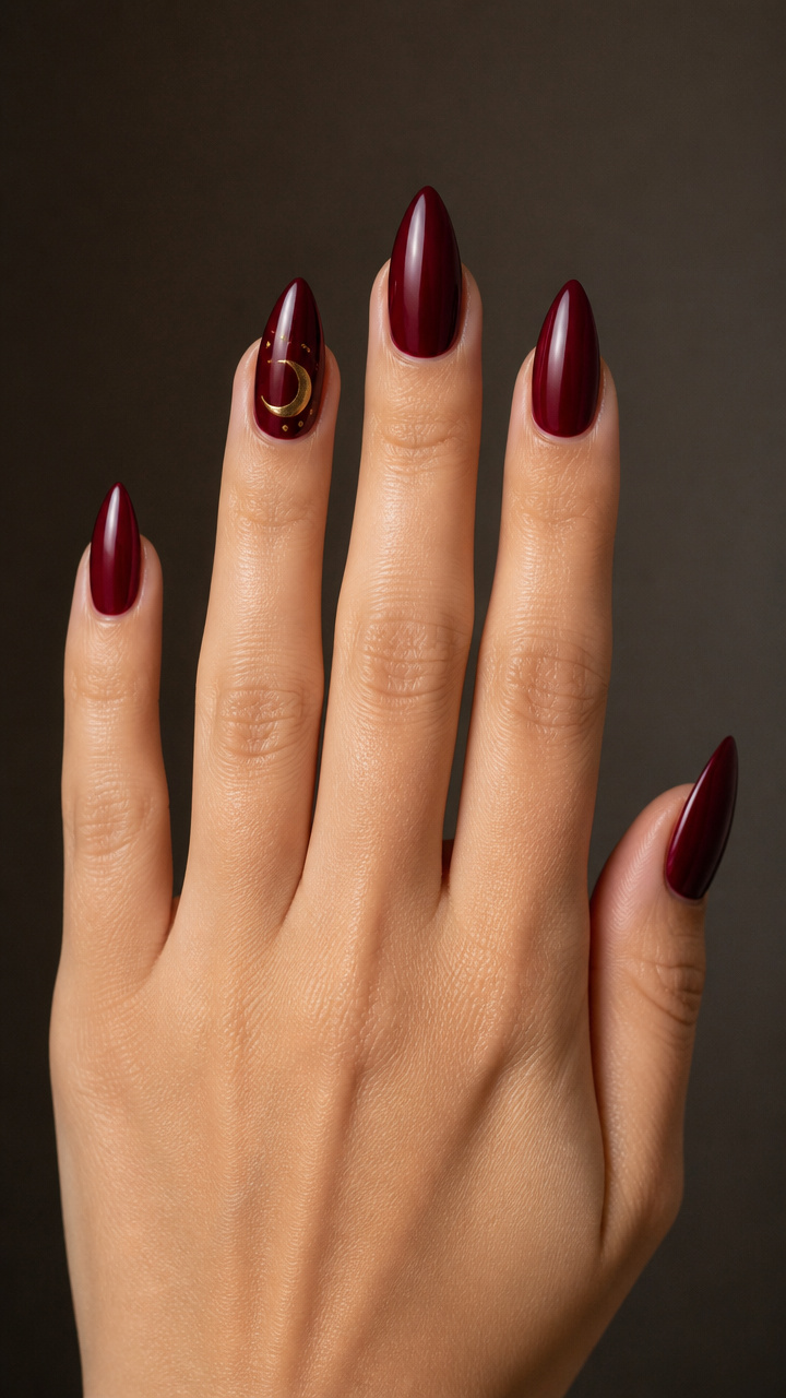 Deep Garnet Nails with Gold Crescent Moon Accents