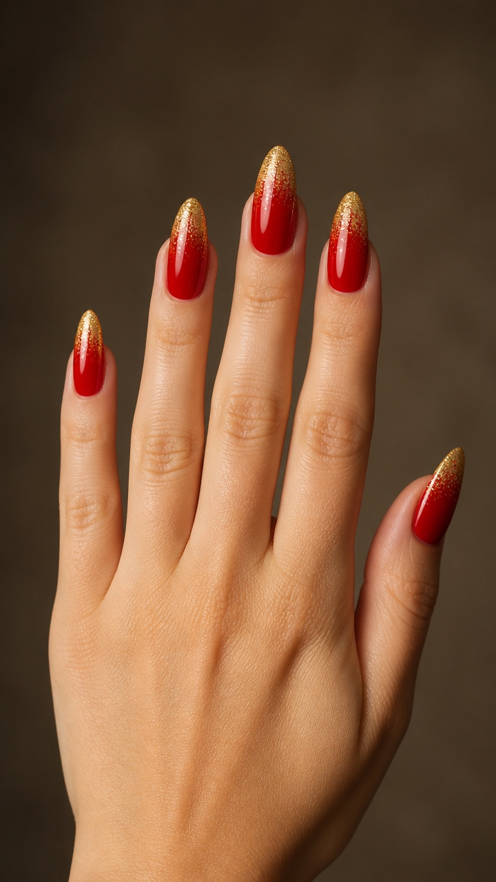 Glitter Gradient Tips on Scarlet Almonds