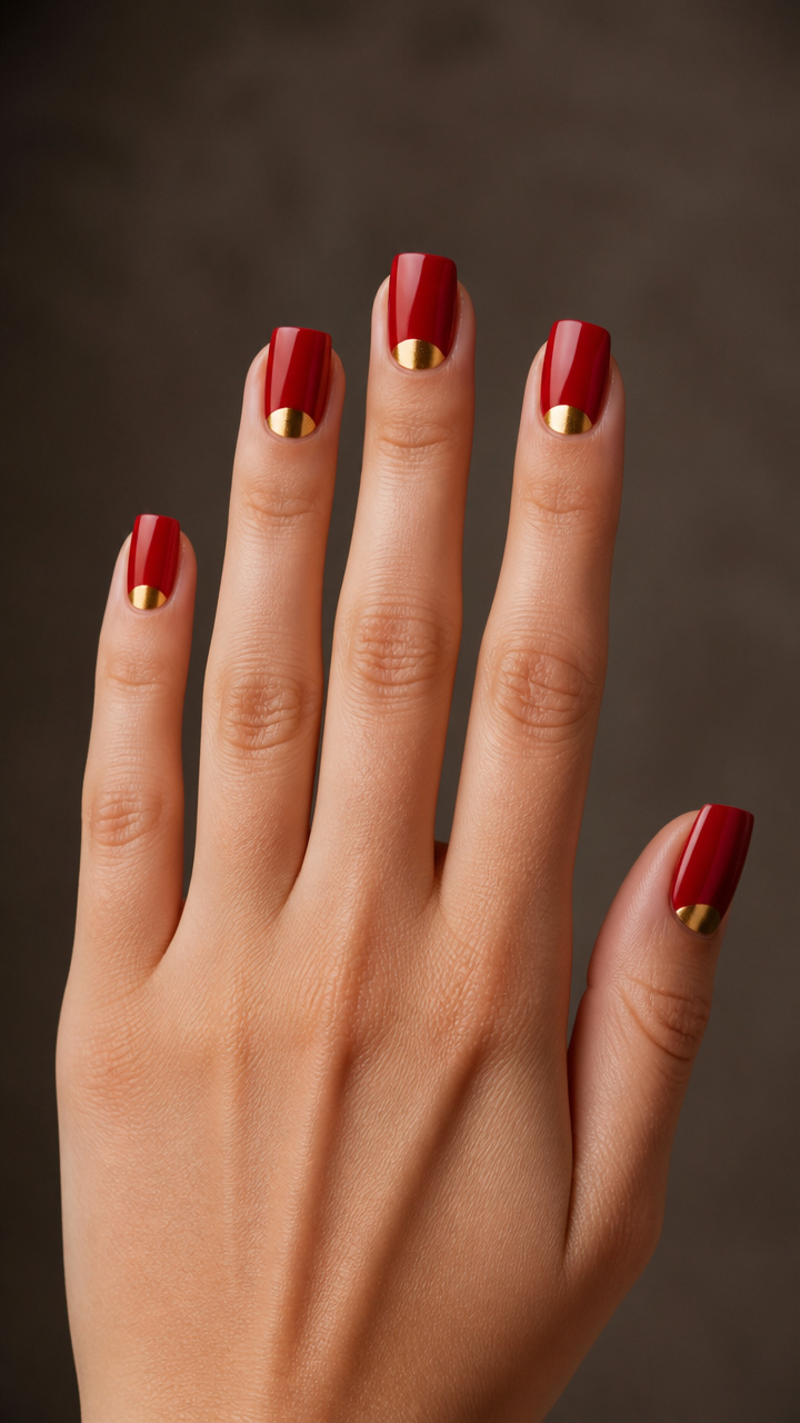 Two-Tone Red and Gold Half-Moon Manicure