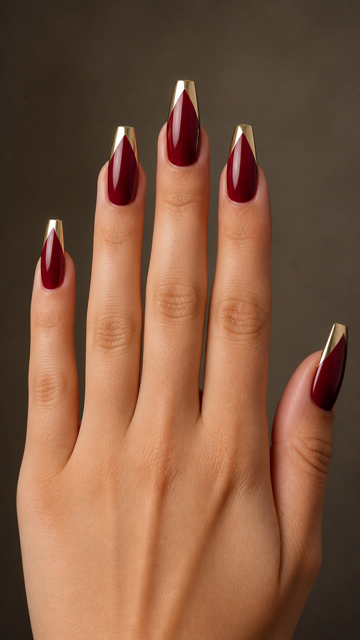 Metallic Gold Tips on Deep Wine Red Nails