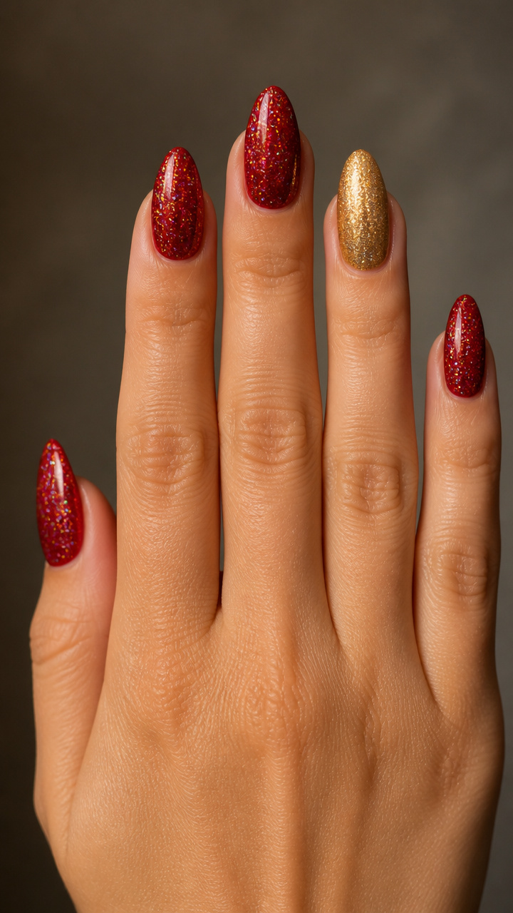 Red Holographic Glitter with Gold Accent Nail