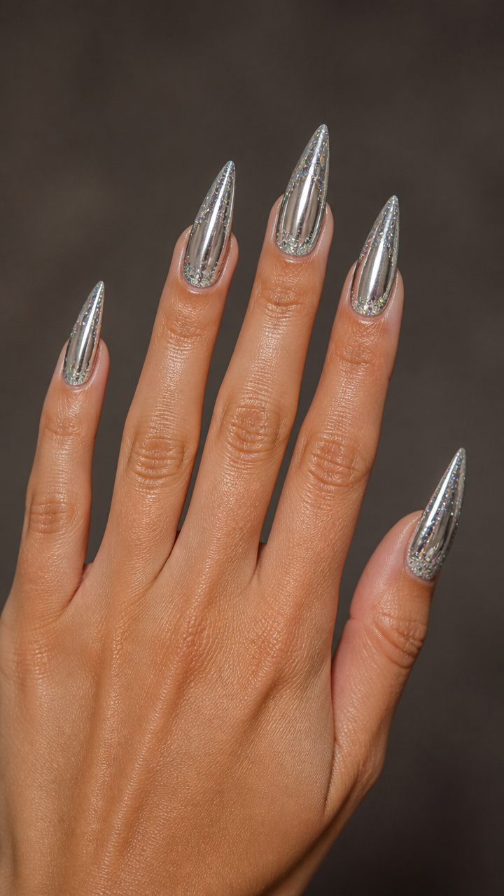 Silver Chrome Stiletto Tips with Micro Glitter Accents