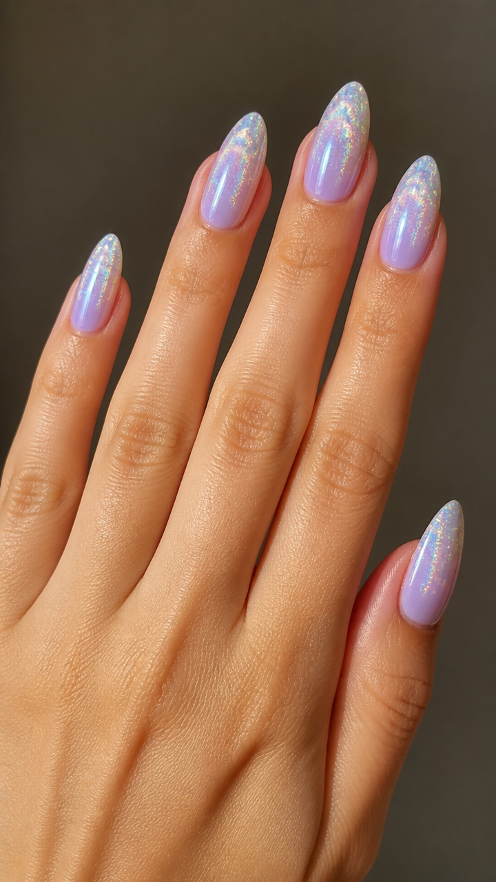 Holographic Ombré Almond Nails in Icy Lilac