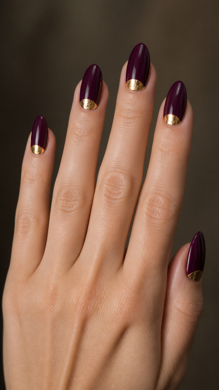 Gold Foil Half-Moon Manicure on Deep Plum Base