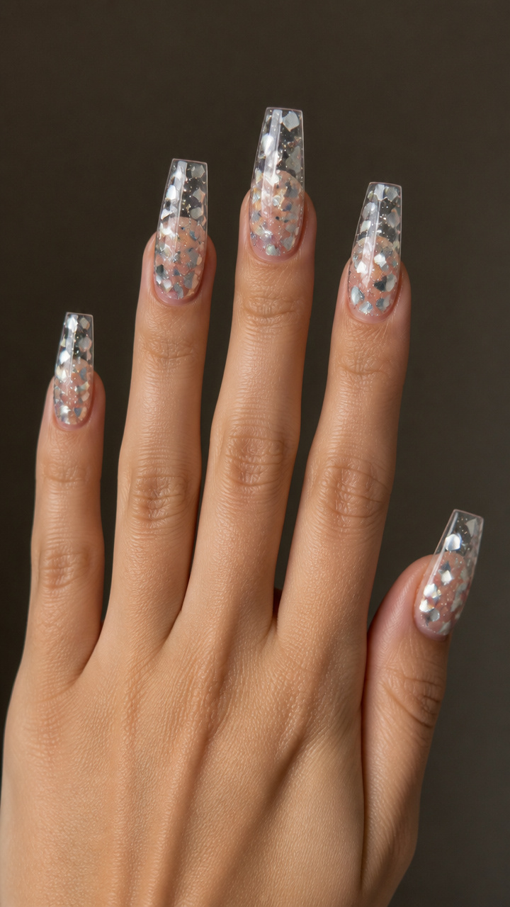 Clear Glitter Coffin Nails with Floating Mirror Confetti