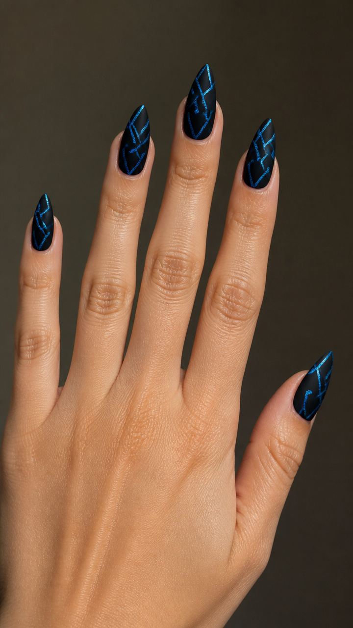 Electric Blue Holo Line Art on Black Matte Base