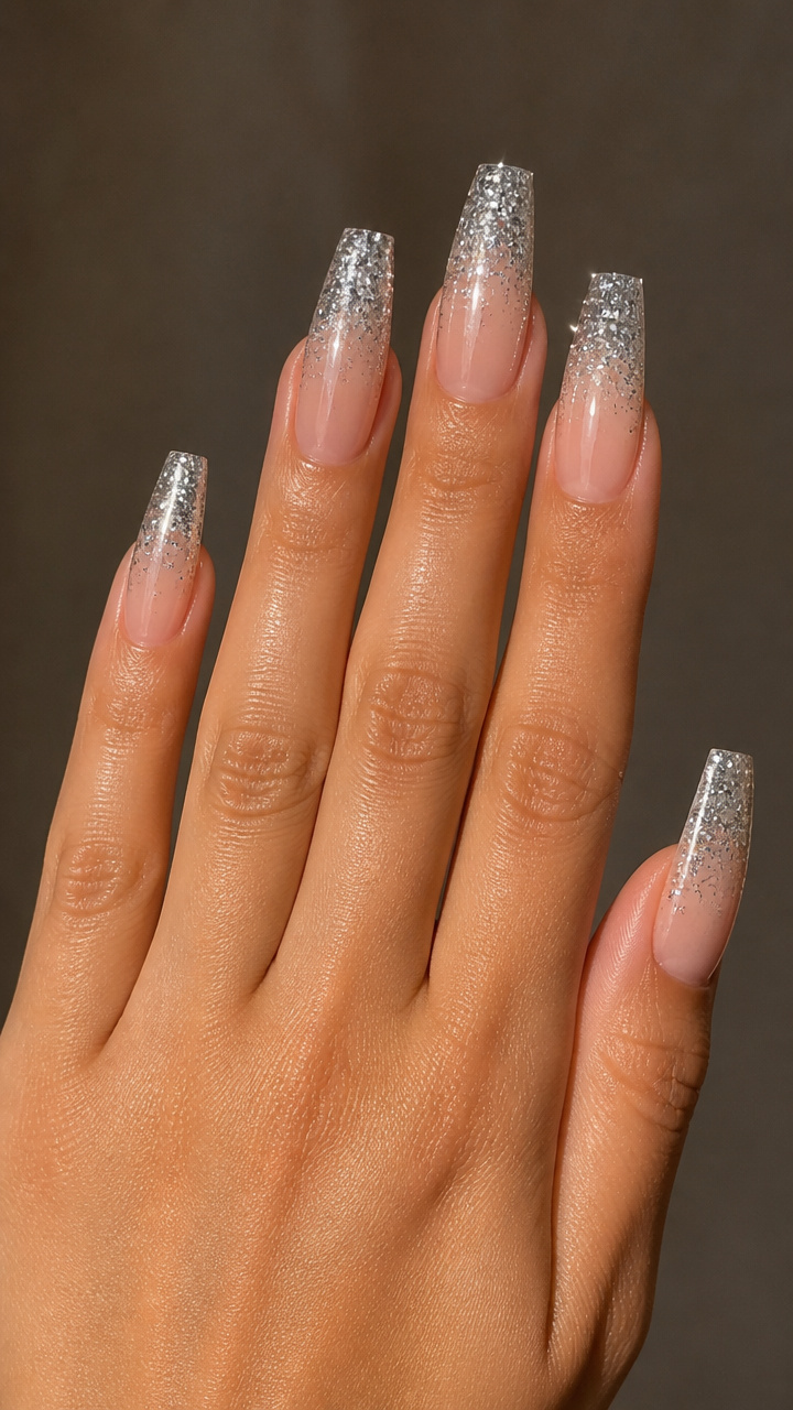 Glitter Gradient French Tips on Long Coeffins