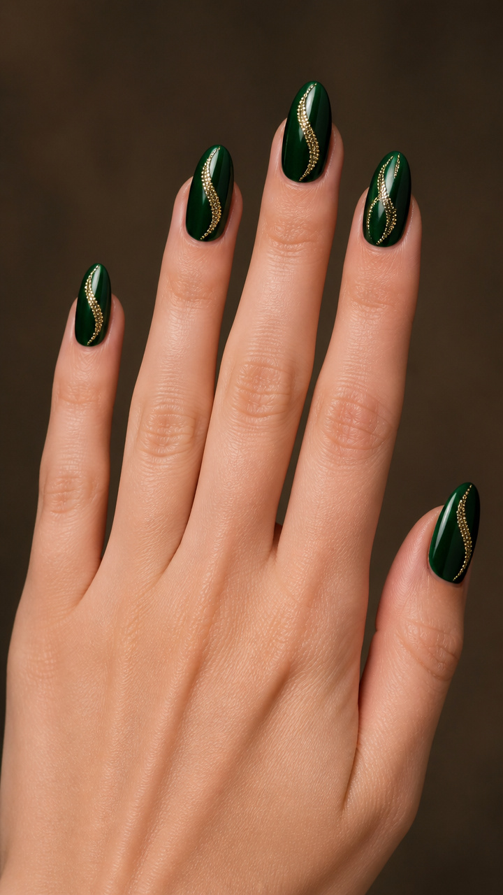 Deep Emerald Green with Gold Microbead Trail