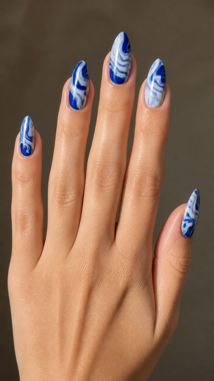 Arctic Marble Swirls on Almond Nails