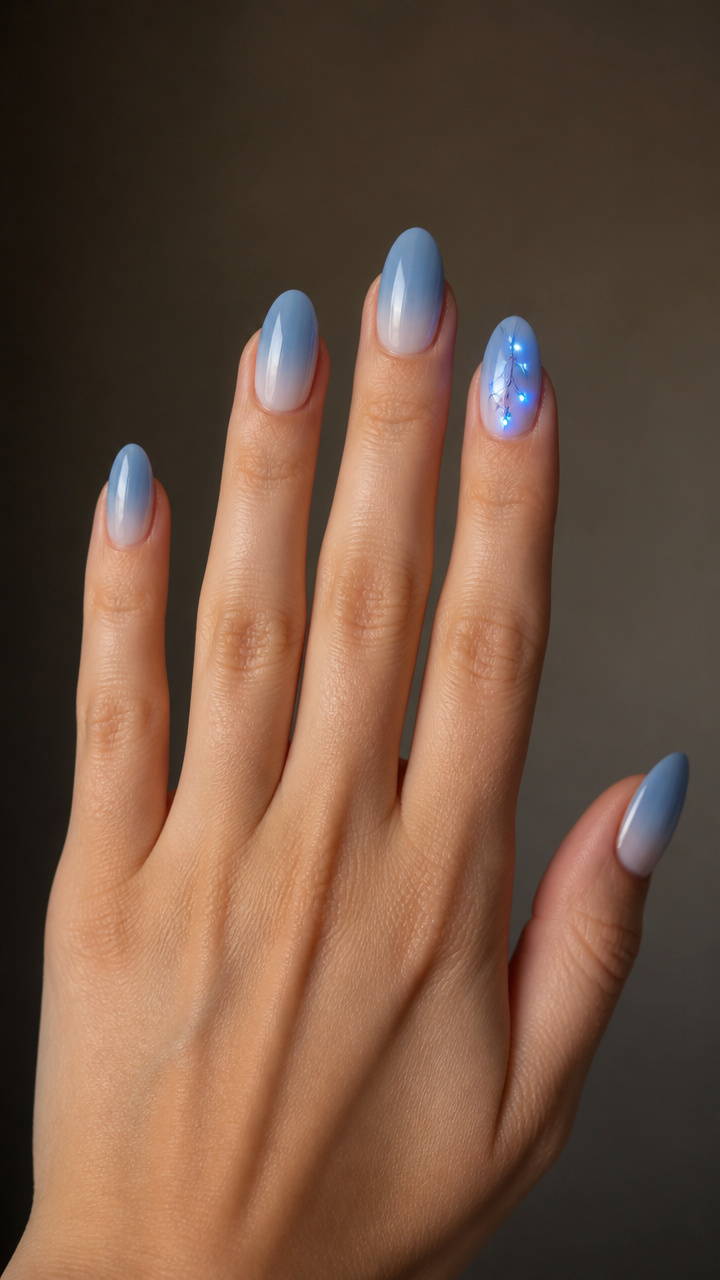 Fairy Light Accent Nail with Blue Ombre