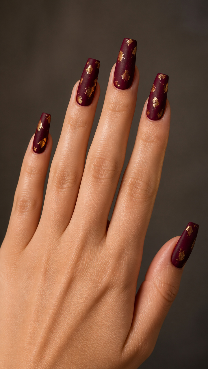 Velvet Burgundy Coffin Nails with Gold Leaf Flecks