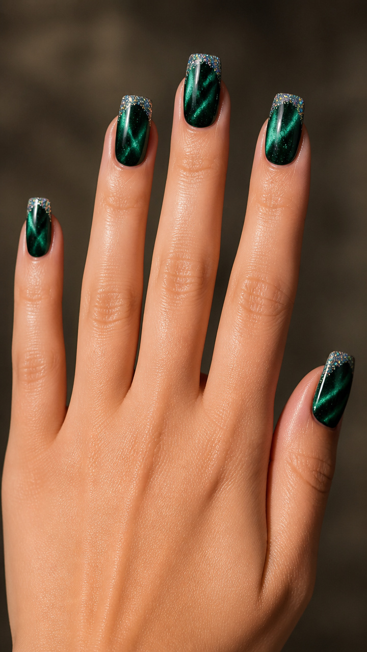 Emerald Green Cat Eye with Holographic Glitter Rim