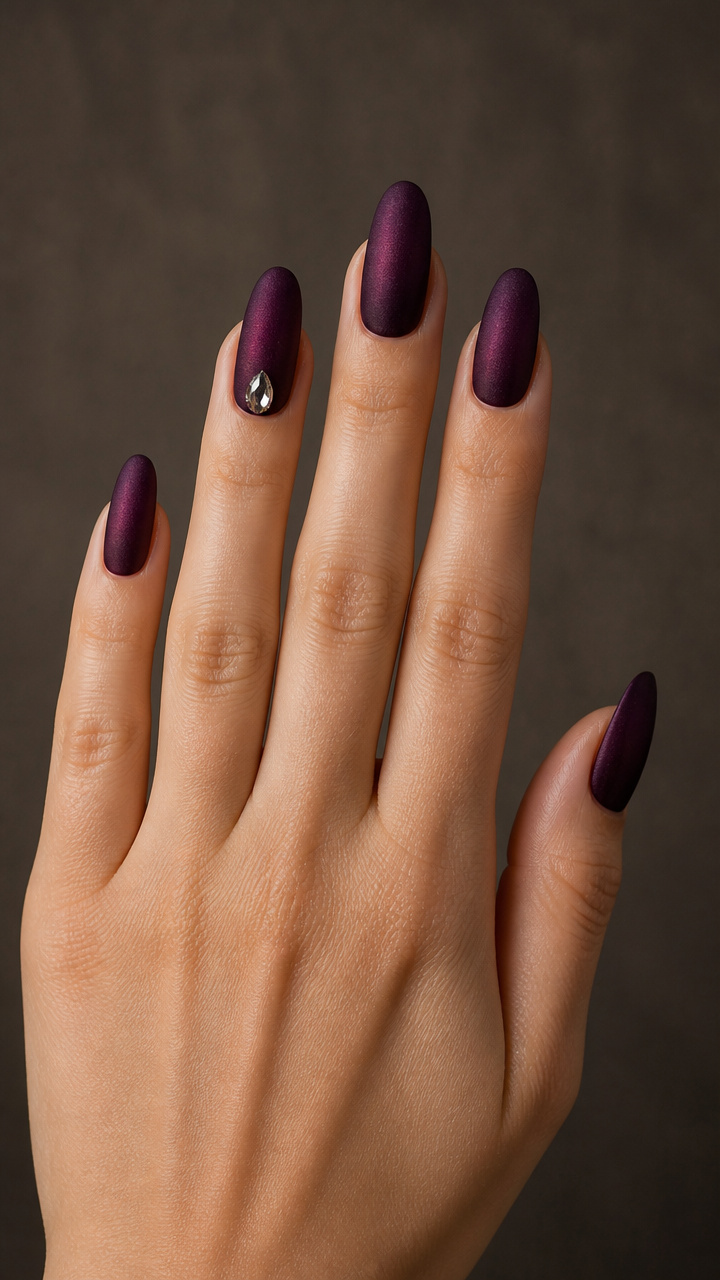 Plum Velvet Nails with Rhinestone Accent on Ring Finger