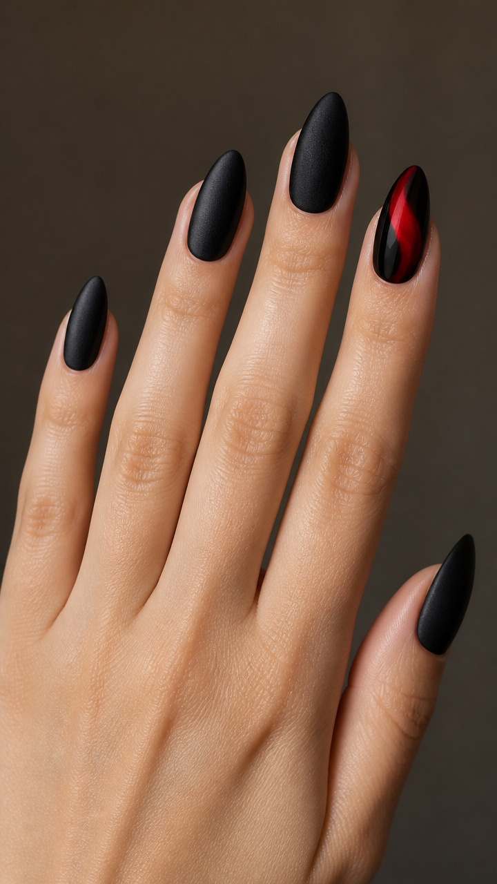 Black Velvet Nails with Red Cat Eye Accent