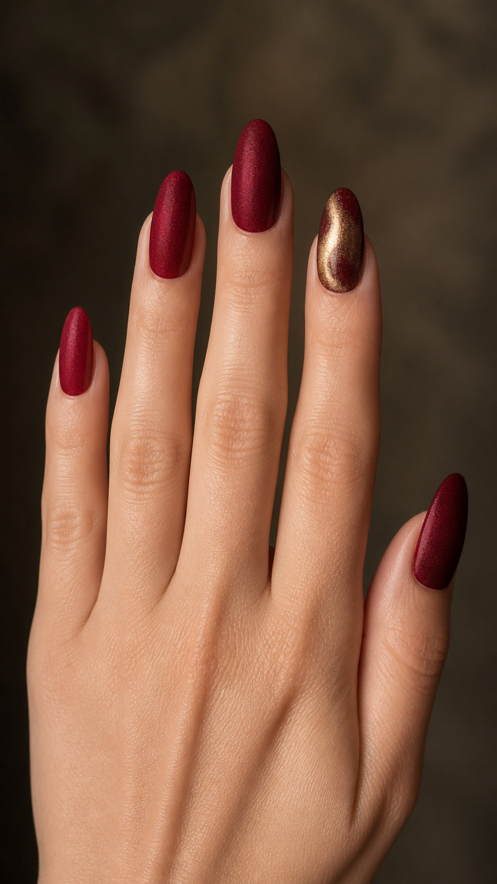 Crimson Velvet with Gold Cat Eye Accent Nail