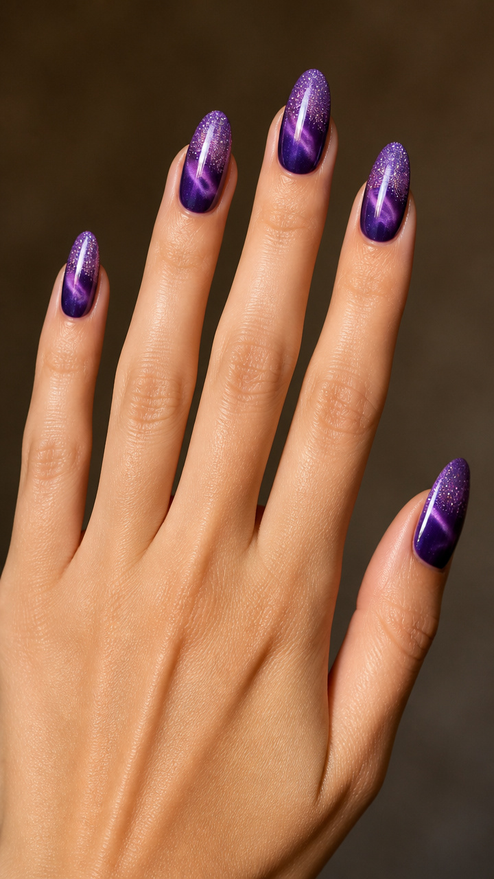 Purple Cat Eye with Glitter Gradient on Almond Nails