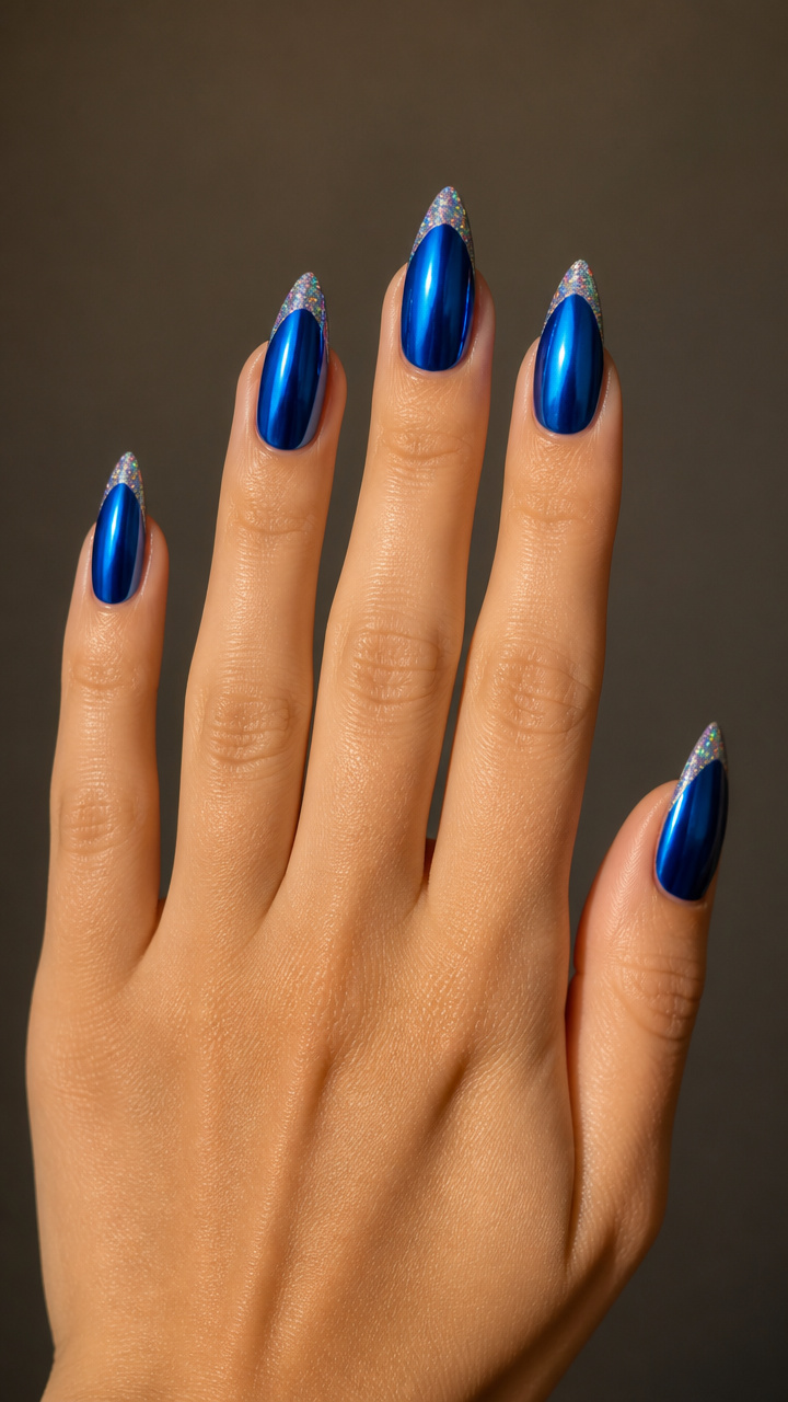 Cobalt Chrome Almond Nails with Silver Holographic Tips