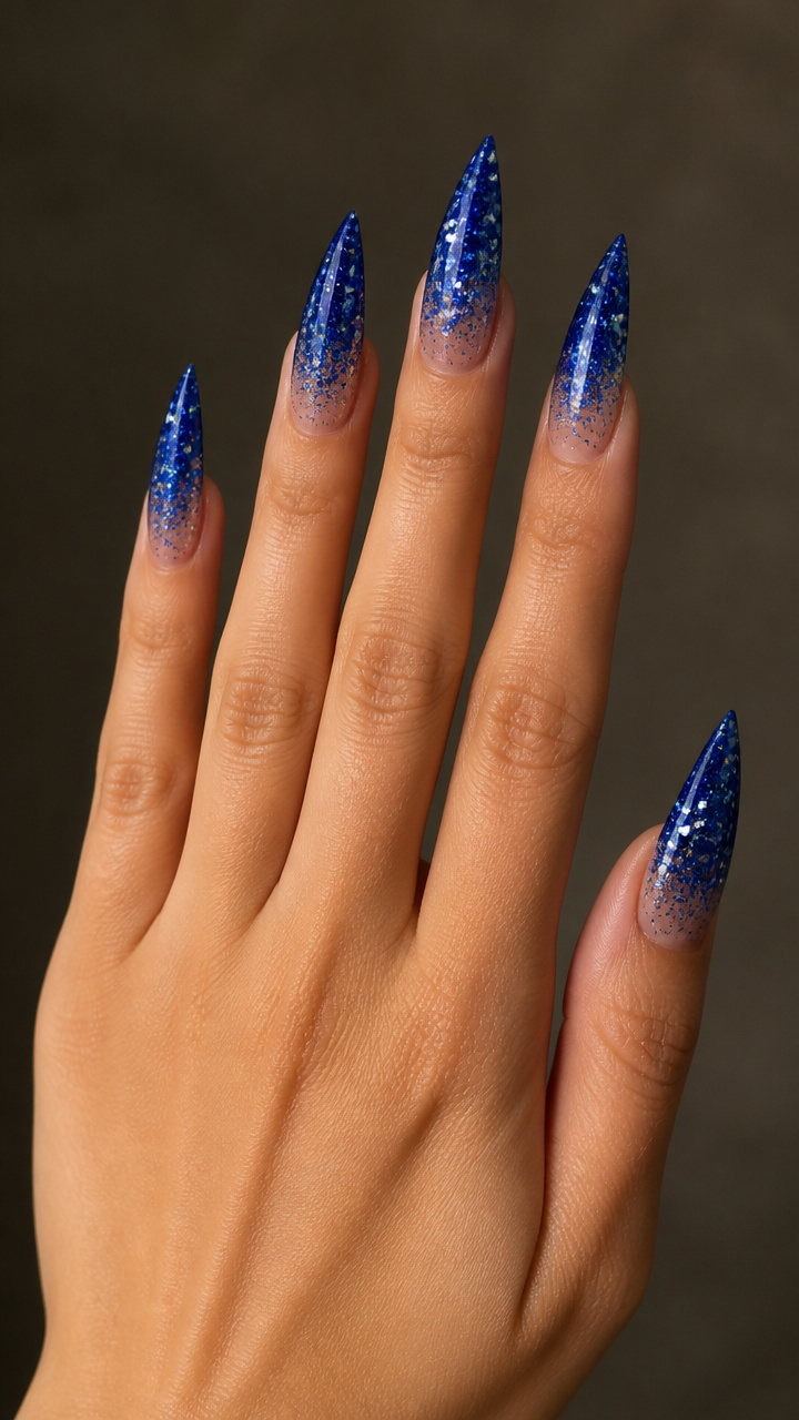 Glitter-Dipped Cobalt Stiletto Nails