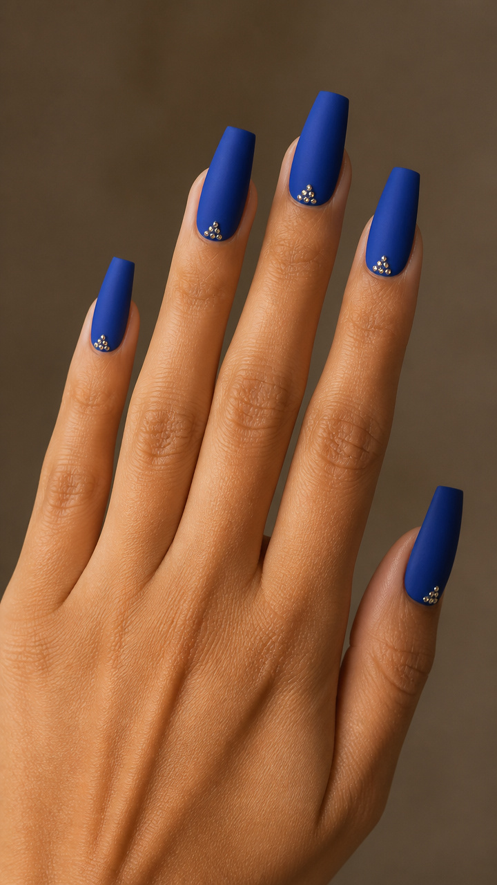 Matte Cobalt Coffin Nails with Tiny Diamond Clusters